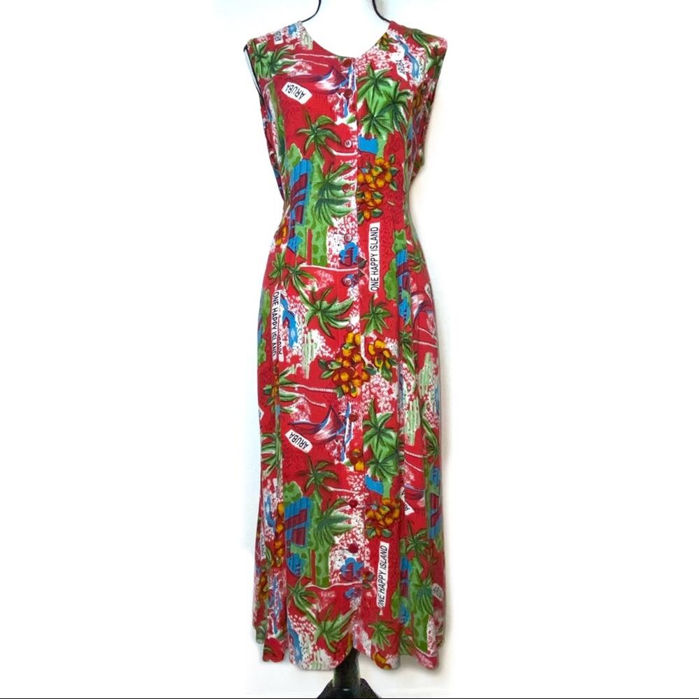 Vtg‎ Aruba tropical Hawaii Island floral Midi button dress